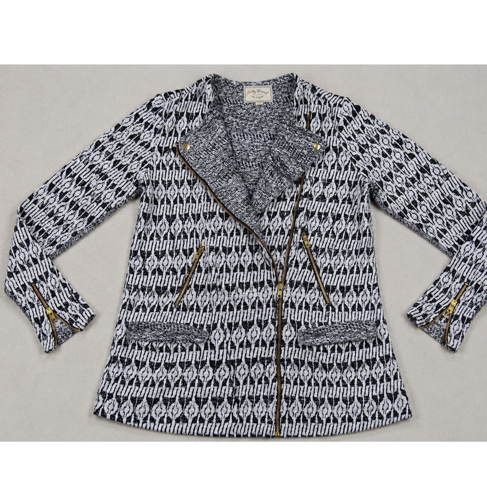 Lucky Brand Womens Black White Knit Moto Jacket Gold Zip Sweater Large L
